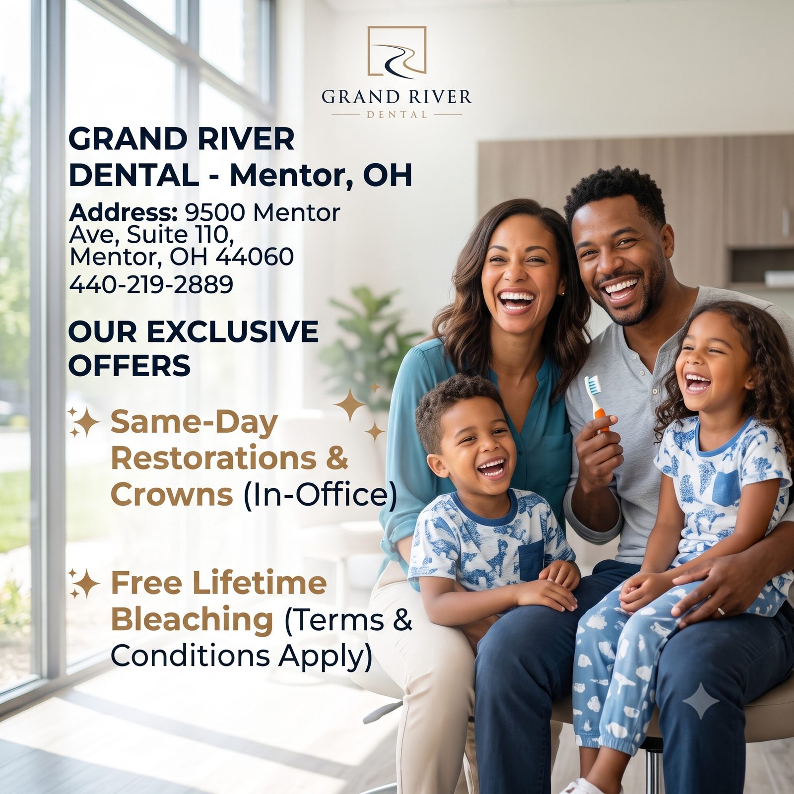 Patient with bright smile at Grand River Dental