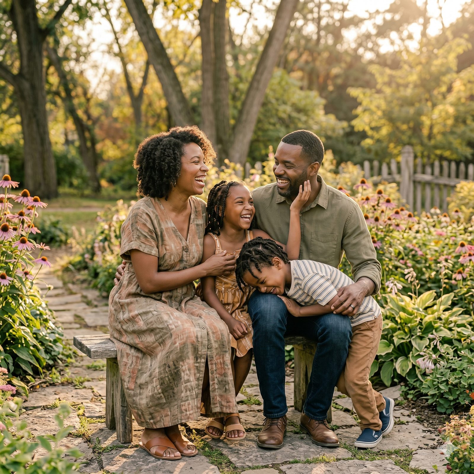 Happy family on a bench